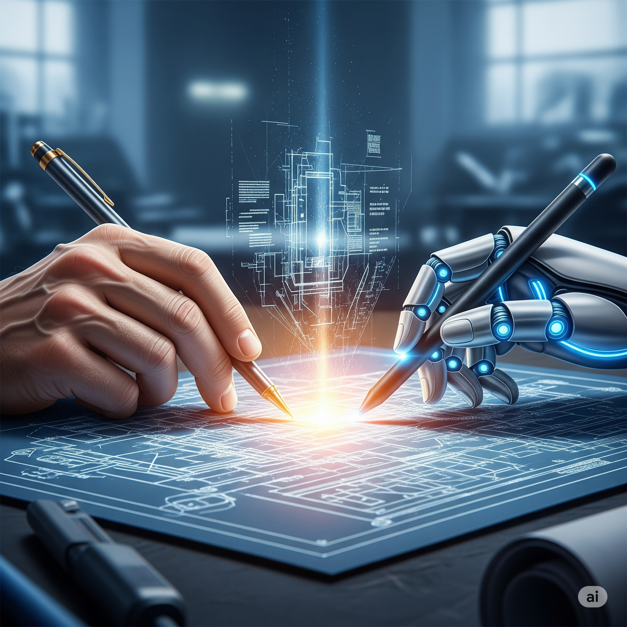 Illustrazione metaforica di una mano umana e una mano robotica che collaborano per creare.